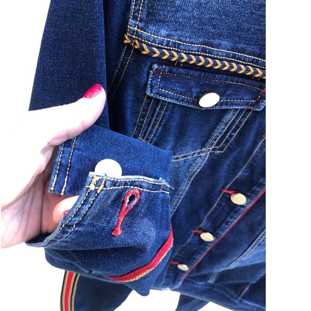 Chico’s size 10-12 denim military jacket stretch gold detail oversized - Picture 9 of 14